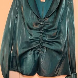 Delaru - Teal Satin Ruched Blouse - Size 14